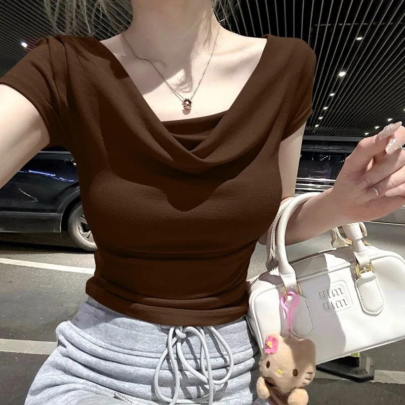 เสื้อยืดแขนสั้นผู้หญิง คอกี้ สไตล์เกาหลี