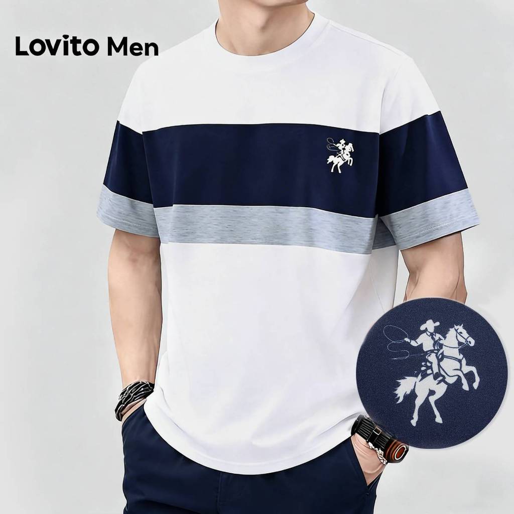 Lovito เสื้อยืดแคชชวลผู้ชาย สไตล์คลาสสิก ใช้งานได้หลากหลาย สีสันสดใส เหมาะสำหรับฤดูใบไม้ผลิ/ฤดูร้อน L187ED012