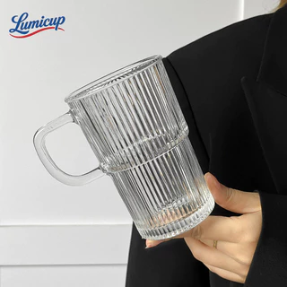 แก้วแก้วใสมีหูจับ 420ml แก้วกาแฟลายริ้ว วางซ้อนกันได้ สไตล์มินิมอล แก้วชา/นม/น้ำผลไม้ ถ่ายรูปสวย