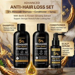KORMESIC 5% Minoxidil Shampoo Conditioner & Spray Set with Biotin for Hair Loss, Scalp Care & Fuller-Looking Hair