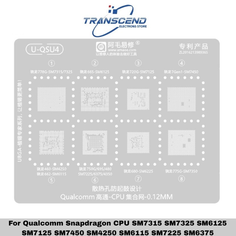 U-QSU4 BGA Reballing Stencil สําหรับ Qualcomm Snapdragon CPU SM7315 SM7325 SM6125 SM7125 SM7450 SM42