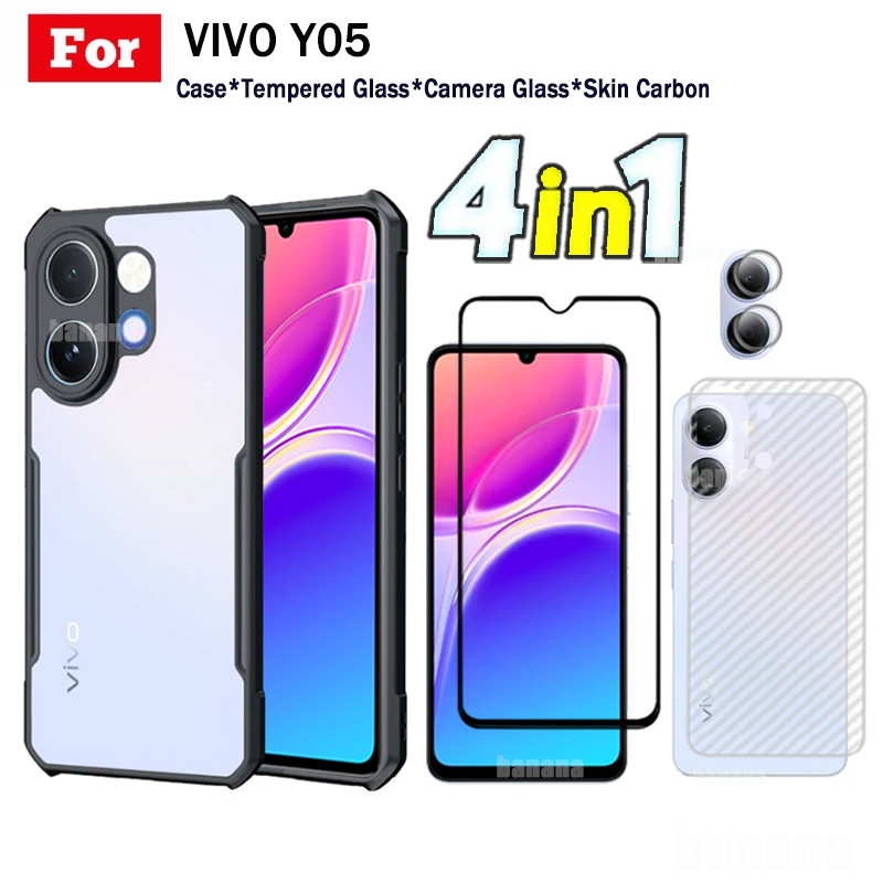 4 in 1 Vivo Y05 เคสโทรศัพท์กันกระแทกสําหรับ Vivo Y04 Y03 Y02 Y01 Y21D Y11D Full Coverage กระจกนิรภัย