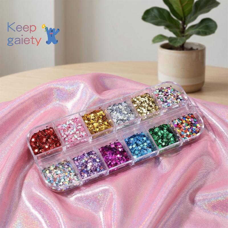 [Kpt-t] 12 กริดเล็บ Glitter Star Heart 1 มม.เลื่อมชุด DIY สีสันตกแต่งเล็บสําหรับแฟชั่นเล็บ [ใหม่]