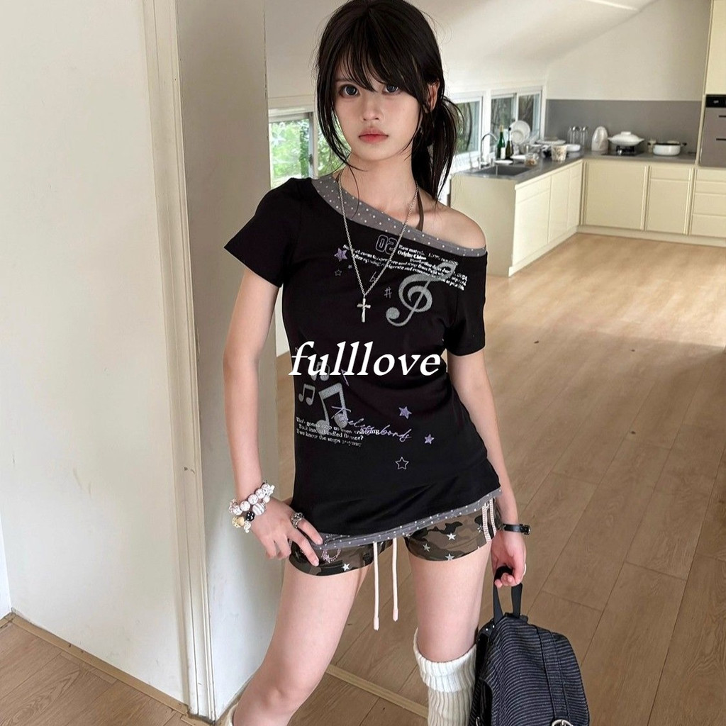 [ส่งไวจากไทย] Fulllove เสื้อยืดแขนสั้น สไตล์ใหม่ เวอร์ชั่นเกาหลี ของผู้หญิง เข้ารูปพอดี การพิมพ์ ไหล่ลาดเอียง Y2K