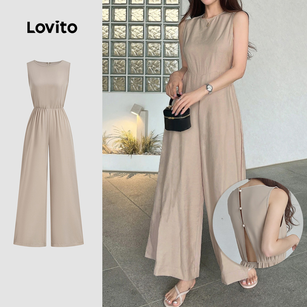 Lovito ชุดจัมป์สูทแบบสบาย ๆ ไม่มีหลัง ฤดูใบไม้ผลิ/ฤดูร้อน สีกากีอ่อน สำหรับผู้หญิง L155ED1464