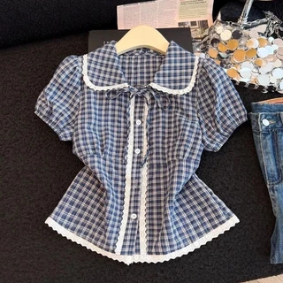 LUNA~Xเวอร์ชั่นเกาหลี ตาราง ลูกไม้ เสื้อแขนสั้น เสื้อเชิ้ต รุ่นใหม่