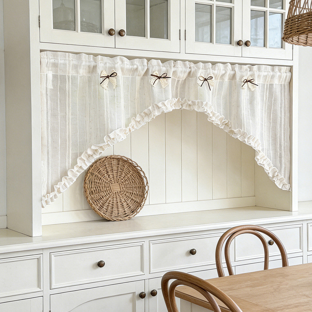 Vintage Swag ผ้าม่านสําหรับห้องครัว Sheer Valance กับ Ruffles Rod กระเป๋า Cafe ห้องน้ําหน้าต่าง Toppers Bowknoted ลายผ้าลินินหน้าต่าง Treatment Room Divider 1 แผง