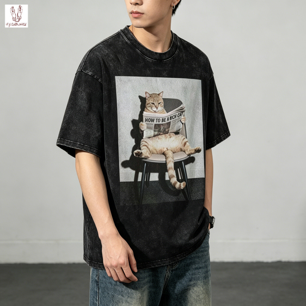 เสื้อยืดสไตล์เรโทร ลายแมวดำฟอกสี เสื้อแขนสั้นทรงอเมริกัน ใส่ได้ทั้งชายและหญิง ทำจากผ้าฝ้าย 100% เนื้อผ้าหนา สวมใส่สบาย