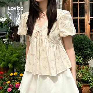 Lovito วันหยุด เสื้อเชิ้ตผู้หญิงลําลองลายลูกไม้ ผูกเชือก สําหรับฤดูใบไม้ผลิ/ฤดูร้อน สีแอปริคอท เกาหลี อินเทรนด์ LK3AD406
