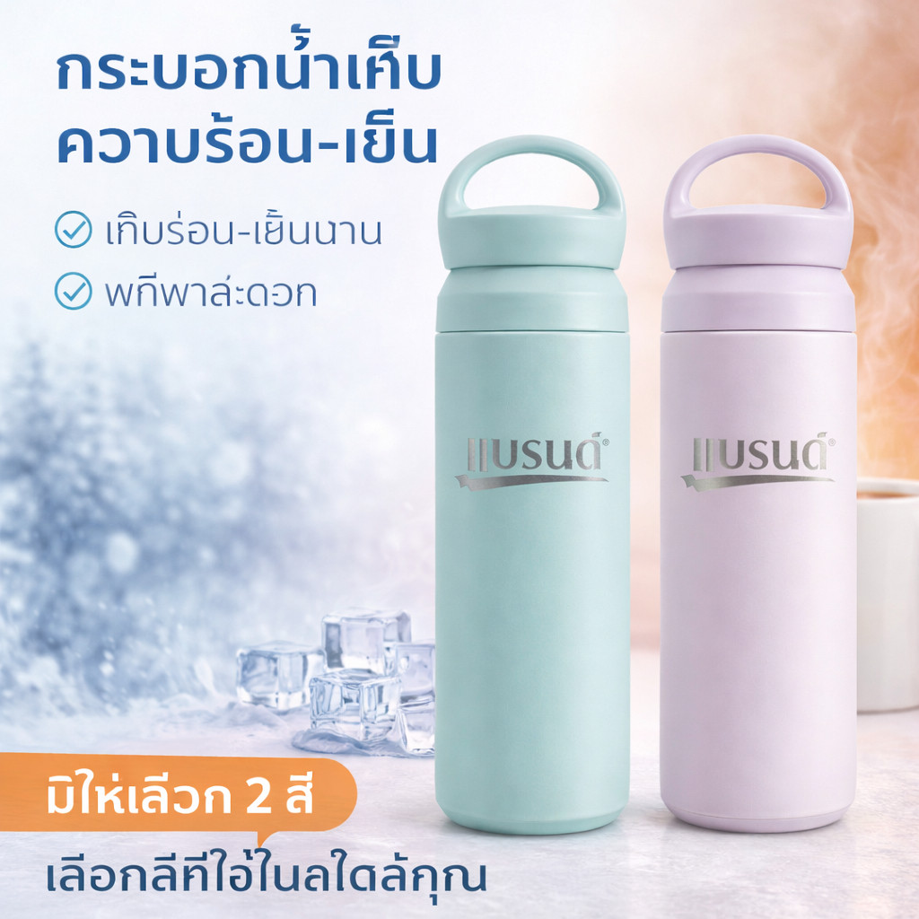 กระบอกน้ำเก็บความเย็น/ร้อน  สีพาสเทลสดใส สแตนเลส 304 ขนาด 500 ml. แบบมีหูหิ้ว พกพาสะดวก