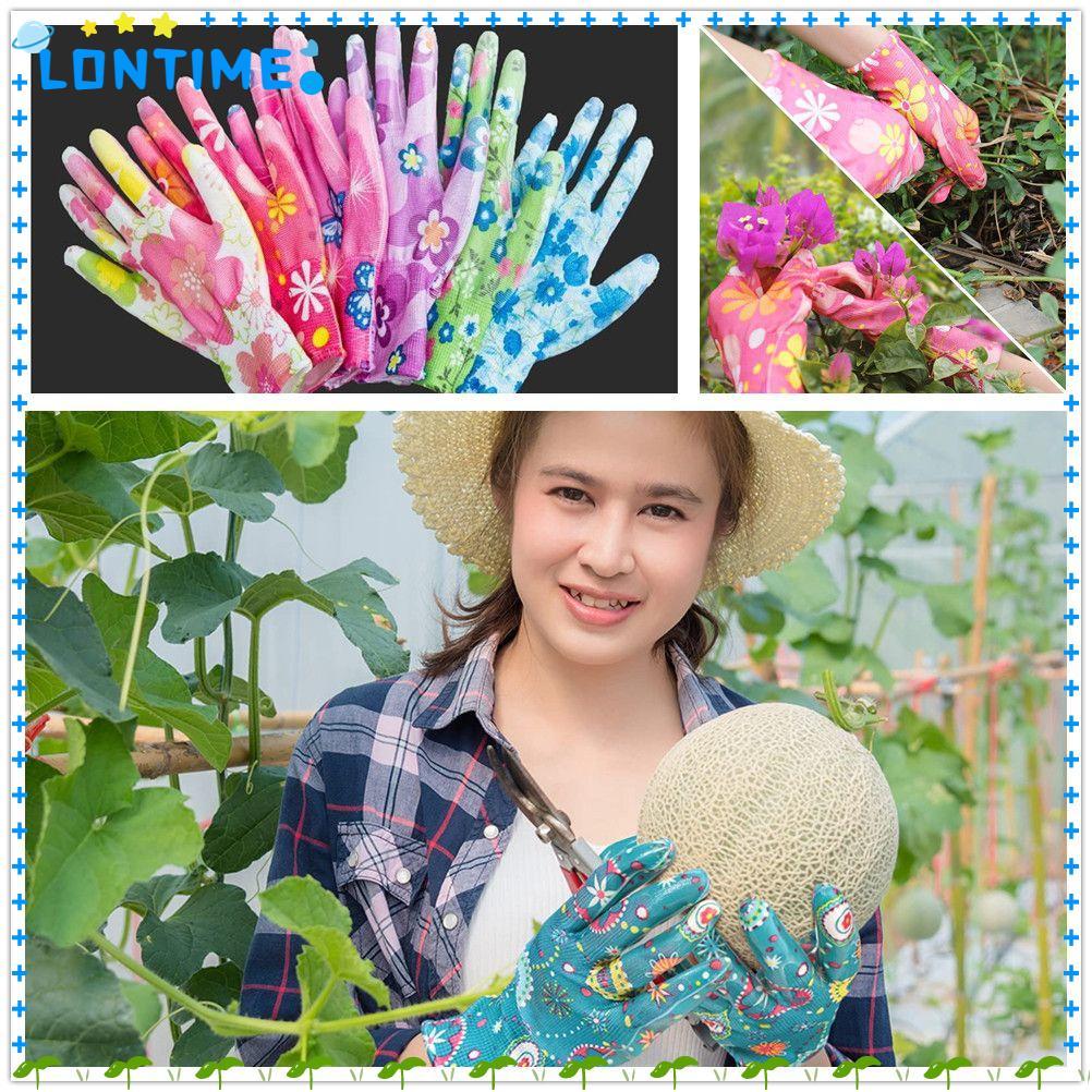 LONTIME 1 คู่ถุงมือทํางานระบายอากาศปาล์มเคลือบดอกไม้ Yard ทําความสะอาดถุงมือในครัวเรือน
