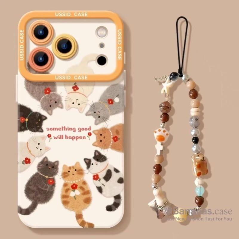 น่ารักดอกไม้สีแดงแมวเคสโทรศัพท์ + Lanyard สําหรับ iPhone 17 16 15 14 13 12 11 Pro Max X Xr Xs Max 7 8 Plus SE2020
