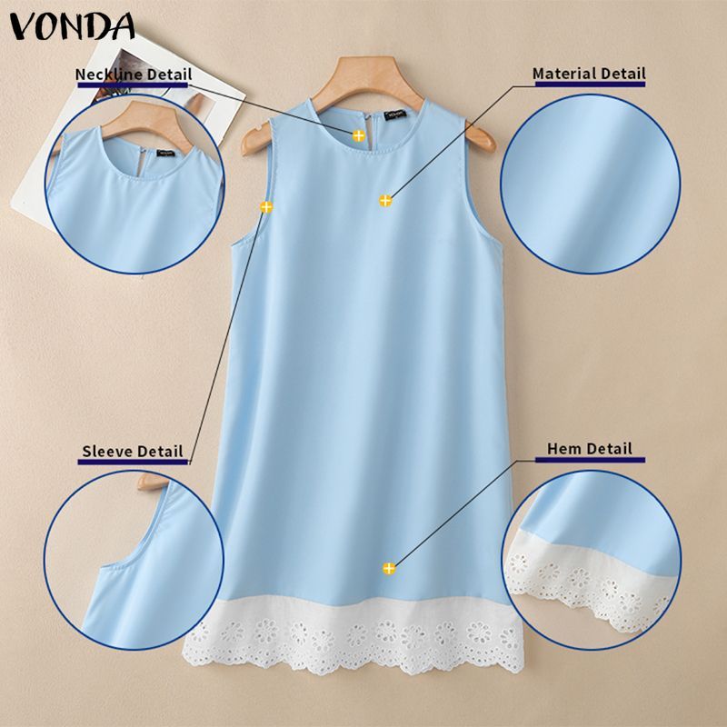 VONDA ผู้หญิงเกาหลีลําลองรอบคอปุ่มชุด Contrast Ruffle Trim Slim Fit สายแขนกุดทอชุด — صورة 8