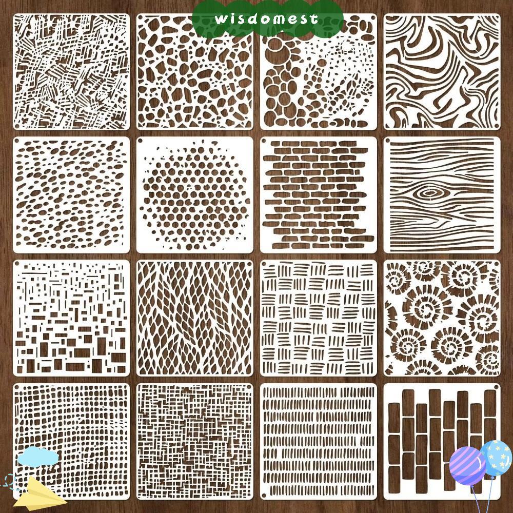 WISDOMEST 16 ชิ้นภาพวาด Stencils, Hollow-out Textured Craft Stencils, Creative Reusable พลาสติกพื้นห