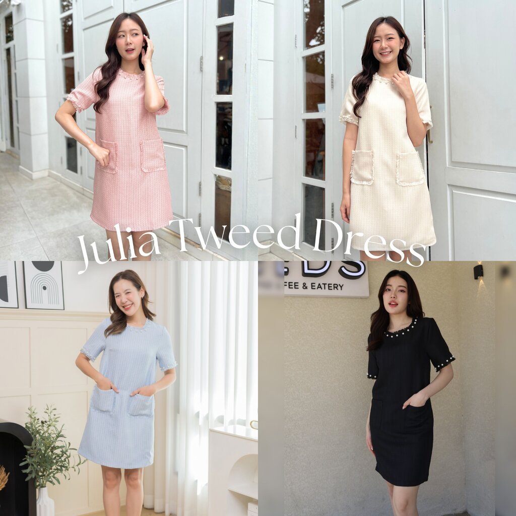 DR2464 - เดรสผ้าแนล แพทเทิร์นทรงปล่อย แต่งคอ และแขนด้วยอะไหล่มุก ชายแขนแต่งรุ่ยเย็บชายเรียบร้อย