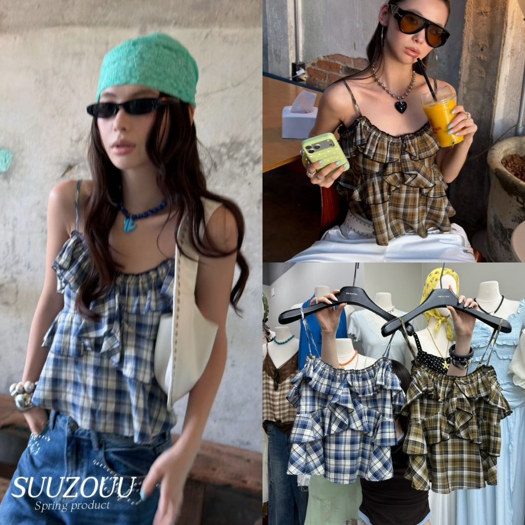 ❤ 🧵 🇰🇷 SU222 เสื้อสายเดี่ยว ลายสกอต แต่งผ้าช่วงอก โทรสีสวย งานยอดฮิต มาแรงในปีนี้ แฟชั่นเกาหลี TAG MM Fish 🧡