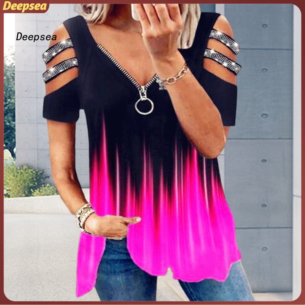 DPA ผู้หญิงฤดูร้อนเสื้อยืด Hollow Out ไหล่ Rhinestone ตกแต่งแขนสั้น Plus ขนาดหลวม V คอ Gradient Cont