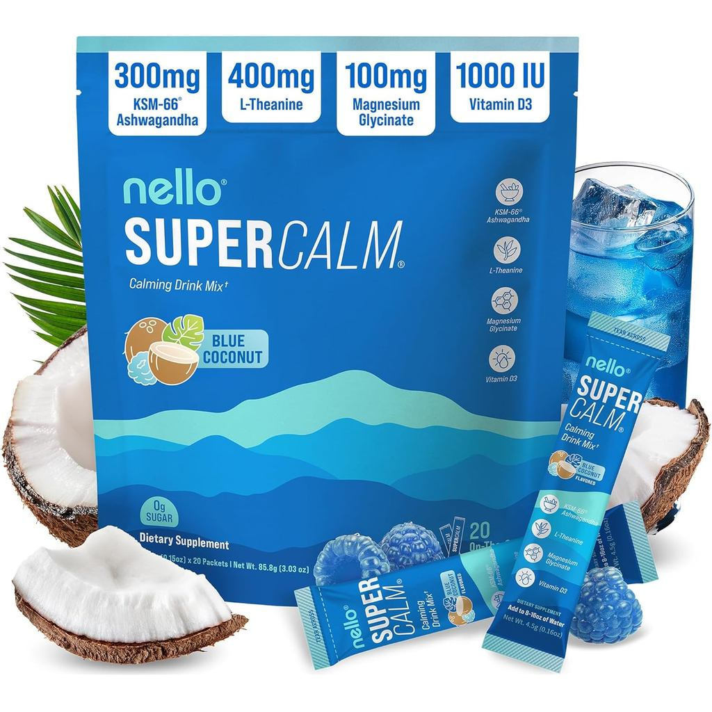 Nello Super Calming Drink ผงผสม, ประกอบด้วย Magnesium Glycinate, K66 Ashwaganda, Vitamin D3 และ L-Te
