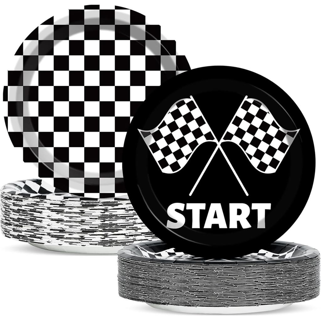CHUNNIN 50 ชิ้นสีดําและสีขาว Checkered Party แผ่นสําหรับ Race Car Themed Party ตกแต่ง - 7 นิ้ว Race 