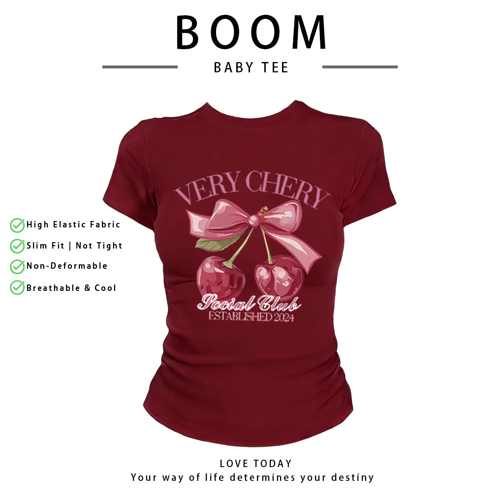BOOM เสื้อครอปแขนสั้น ลายเชอร์รี่ สไตล์สาวหวาน ผ้ายืดคุณภาพ ใส่สบาย เสื้อยืดผู้หญิงวัยรุ่น แต่งตัวประจำวัน