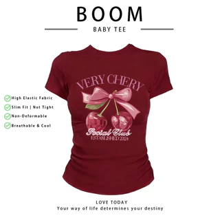 BOOM เสื้อครอปแขนสั้น ลายเชอร์รี่ สไตล์สาวหวาน ผ้ายืดคุณภาพ ใส่สบาย เสื้อยืดผู้หญิงวัยรุ่น แต่งตัวประจำวัน