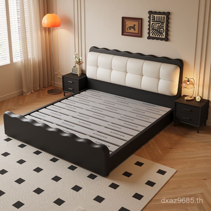 เตียงคู่เตียงหนังย้อนยุค Cloud Ripple เตียง Influencer Master เตียงสีดําภาษาฝรั่งเศสคํากระเป๋านุ่มโม