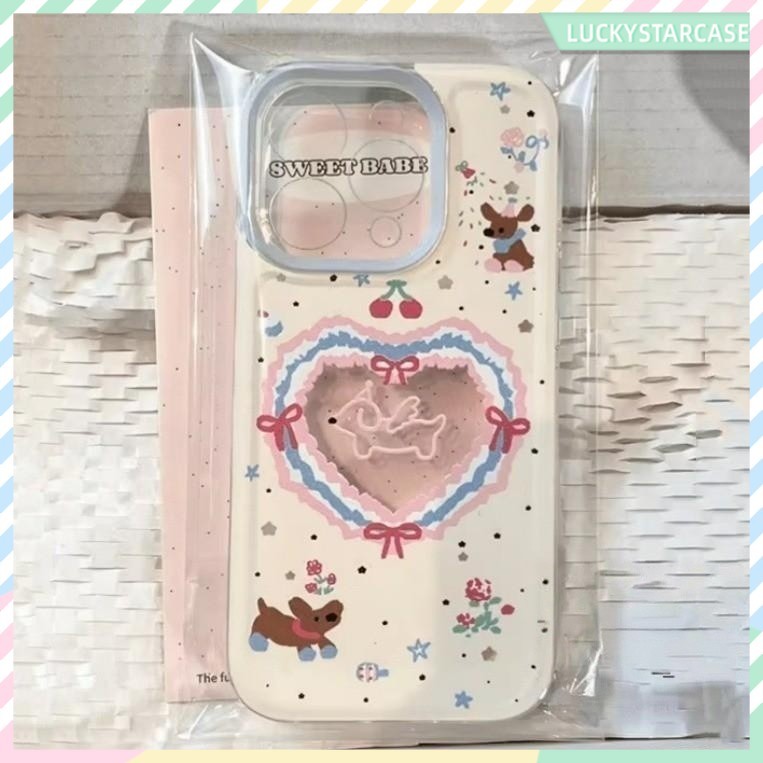 โบว์ดอกไม้การ์ตูน Love Heart Case ตลกลูกสุนัขน่ารัก Happy Dog Graffiti For IPhone 17 14 15 13 12 11 Pro Max XR 7 8 Plus