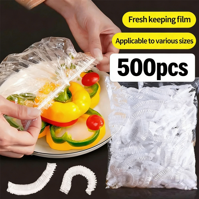 ผ้าคลุมเก็บอาหารสดแบบใช้แล้วทิ้ง 100/300/500 ชิ้น / ผ้าคลุมชามยืดหยุ่นแบบใช้ซ้ําได้พลาสติก