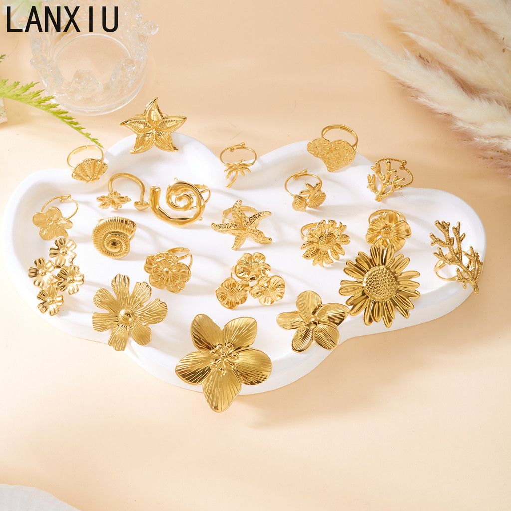 LANXIU แหวนปรับขนาดได้ สแตนเลสและทอง 18k ลายดอกไม้ chic minimalist เครื่องประดับสำหรับผู้หญิง