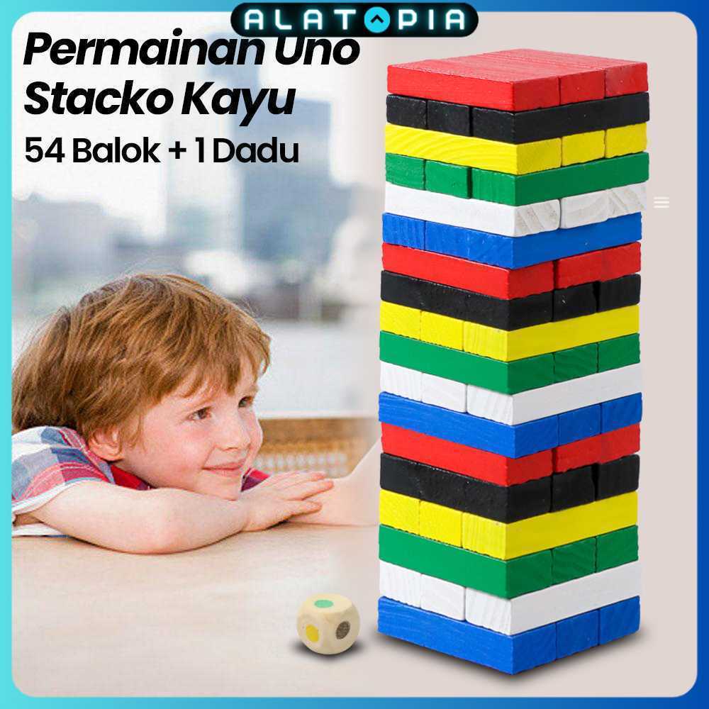 Wiss Toy Uno Stacko เกมไม้ 54 บล็อกพร้อมลูกเต๋า 1 ตัว - WT48