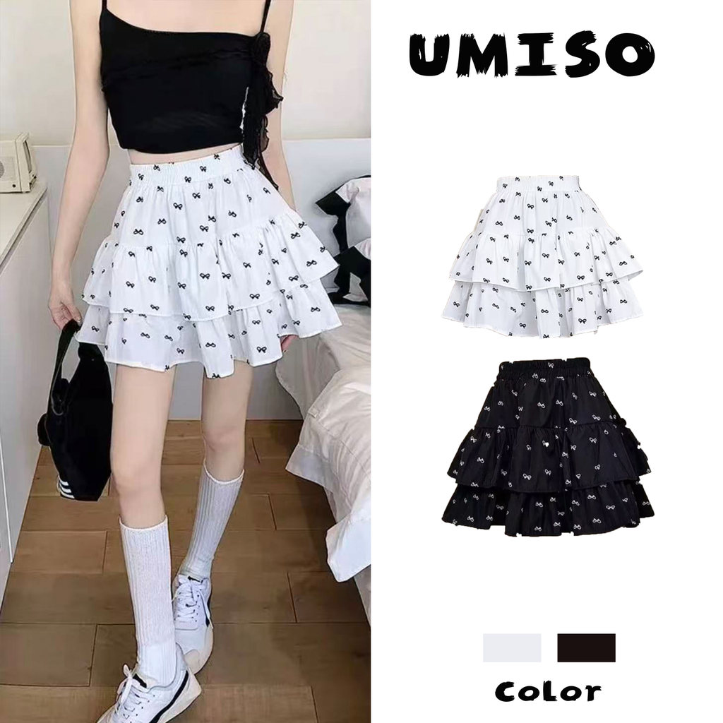 พร้อมส่ง กระโปรงสั้นลายผีเสื้อ พิมพ์ลายโบว์ น่ารัก สไตล์เกาหลี ผ้ายืด ใส่สบาย มี 2สีให้เลือก UMISO