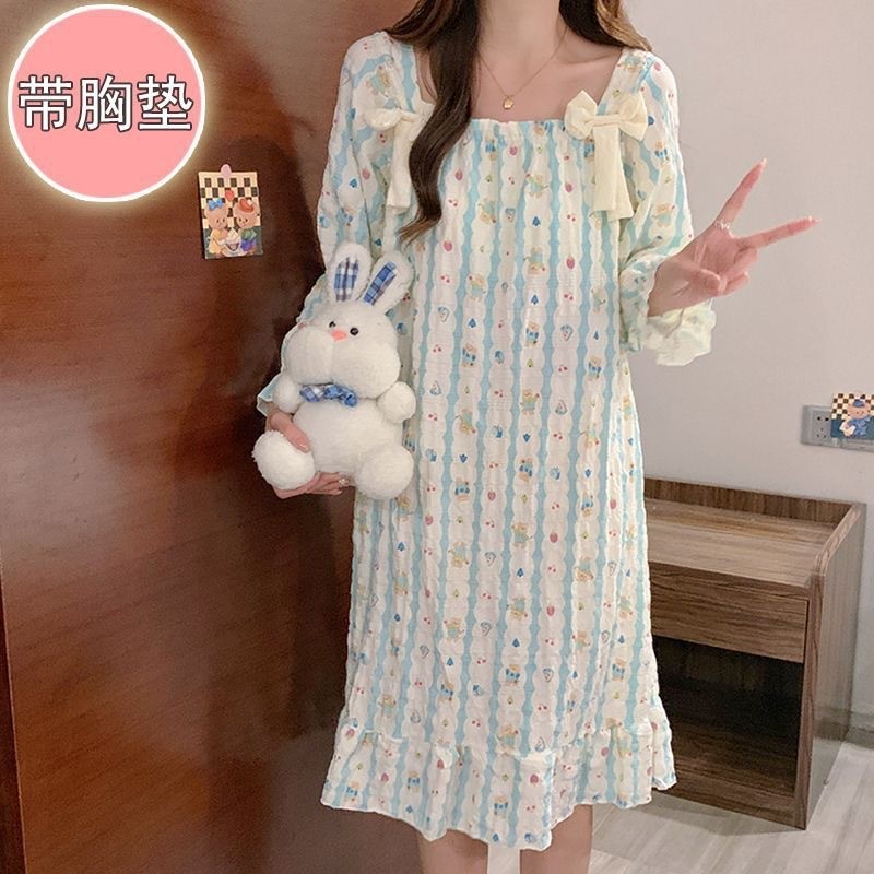 Cloud Cotton Nightdress หญิงฤดูใบไม้ผลิฤดูใบไม้ร่วงพร้อมแผ่นรองหน้าอกน่ารักการ์ตูนสไตล์เจ้าหญิงแขนยาวชุดนอนบางสไตล์บริการบ้าน 4FON