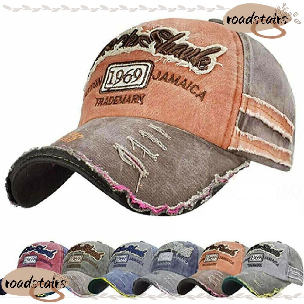 ROADSTAIRS Distressed Faded Cap ผู้ชายผู้หญิง WASHED DENIM แฟชั่นเบสบอลหมวก