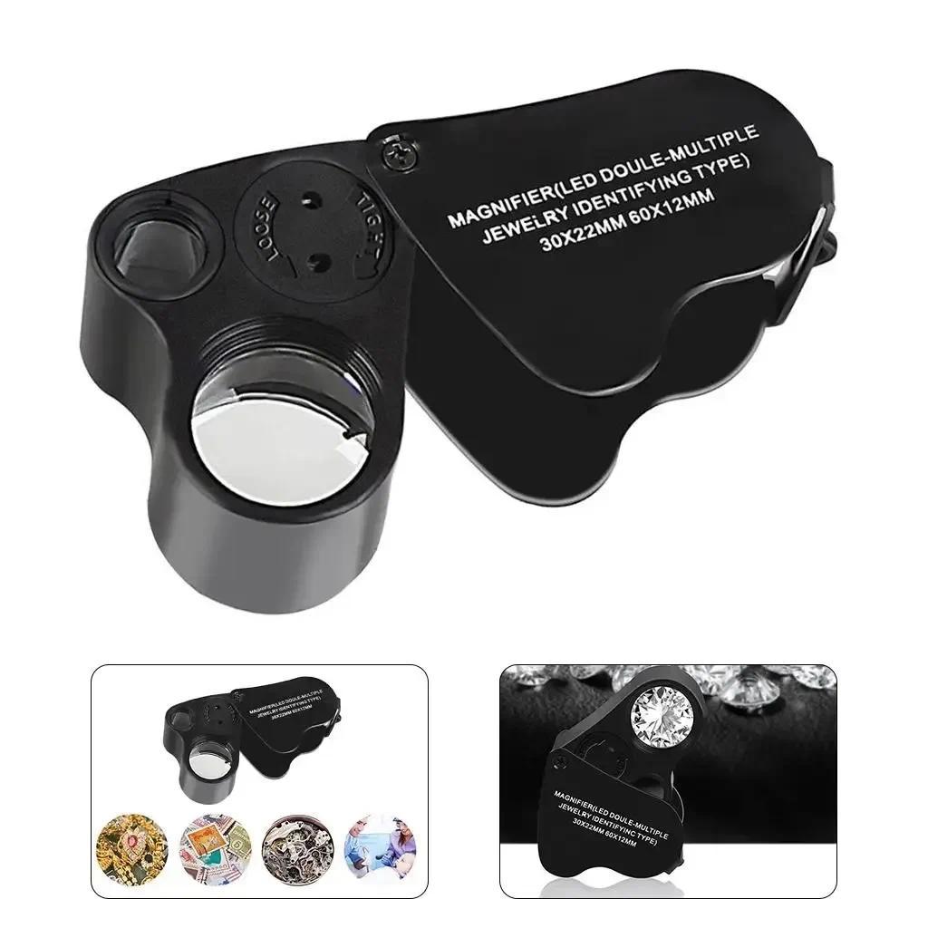 30X 60X Illuminated Jewelers Loupe แว่นขยายแบบพับได้พร้อมไฟ LED สําหรับเครื่องประดับอัญมณีเหรียญแสตมป์เครื่องมือตรวจสอบ