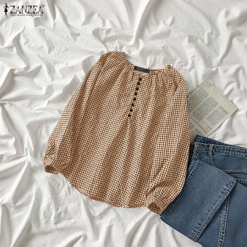 ZANZEA ผู้หญิงเกาหลีวินเทจลําลองคอกลมแขนโคมไฟออกแบบปุ่มจีบเสื้อลายตารางหมากรุก — صورة 6
