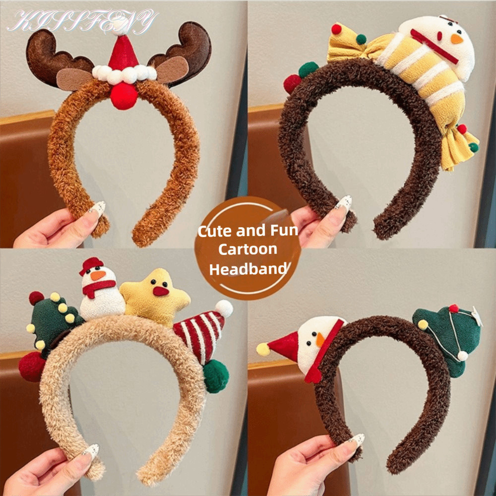 KISSFENY ที่คาดผมต้นคริสต์มาสสําหรับเด็ก,การ์ตูนโบว์ตกแต่งการ์ตูน Elk Hairband,น่ารัก Snowman ตลก El