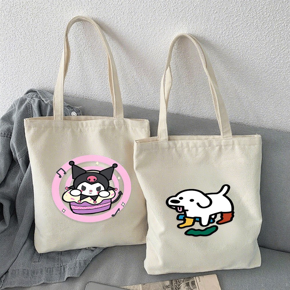 เค้กเพลงห้องสมุด Kurumi Canvas Tote Bag สําหรับผู้หญิงความจุขนาดใหญ่กระเป๋าเดินทางช้อปปิ้งแบบใช้ซ้ํา