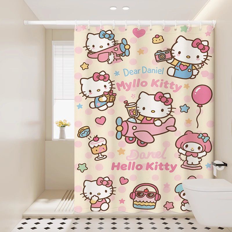 Hello Kitty ม่านอาบน้ําห้องน้ําผ้ากันน้ําแบบไม่เจาะรูพาร์ติชั่นแขวนม่านประตู