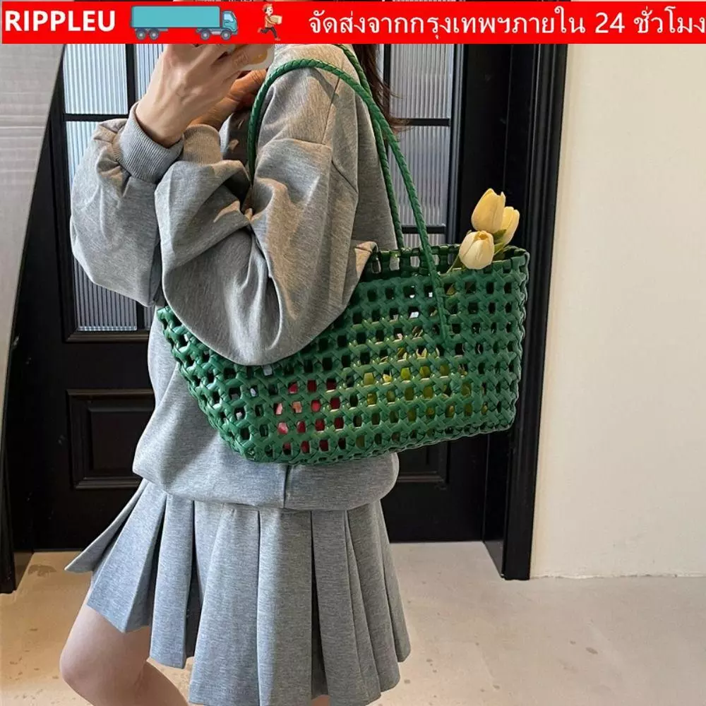 RIPPLE กระเป๋าสะพายไหล่และถือ สไตล์สาน ความจุขนาดใหญ่ สีทึบ