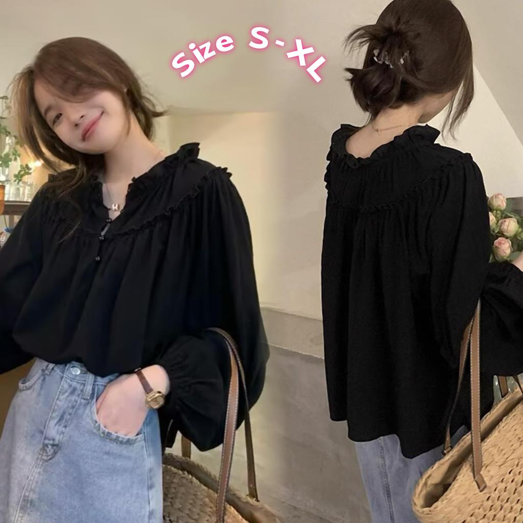 dode.mall เสื้อเชิ้ตผู้หญิงฤดูใบไม้ร่วง สีพื้น แขนพอง ทรงหลวม คอวี W690