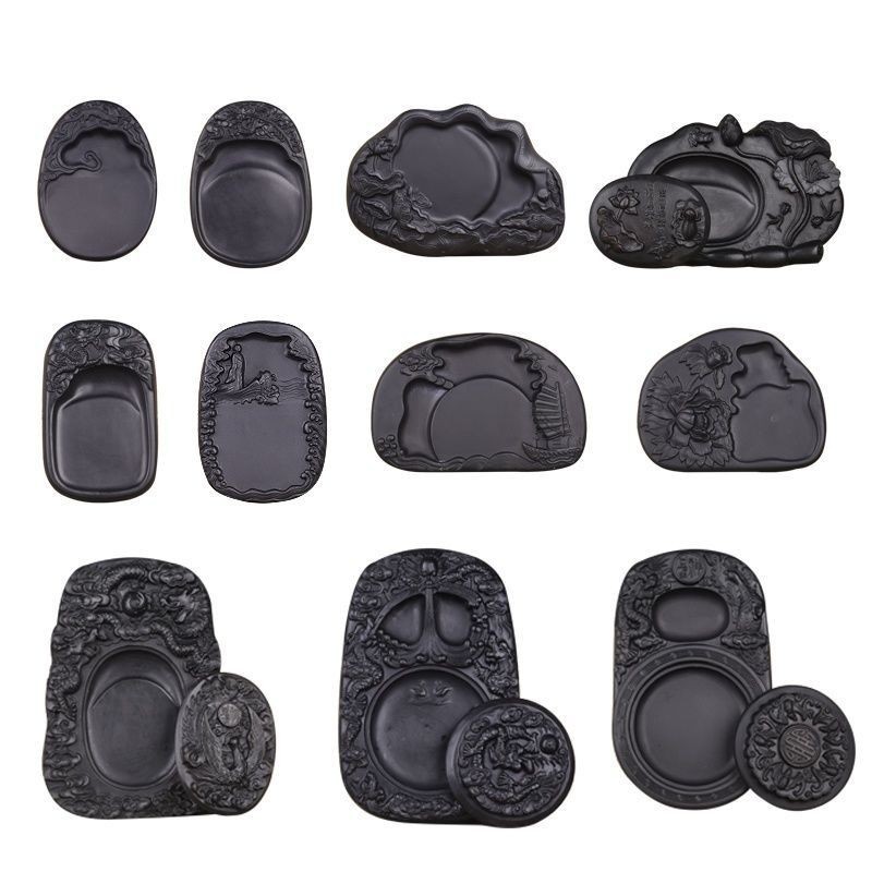 [คลังสินค้าพร้อม] Inkstone Baofang Cheng Mud Inkstone พร้อมฝาปิดหมึกจานหมึกทะเลหินหยาบธรรมชาติมัลติฟ