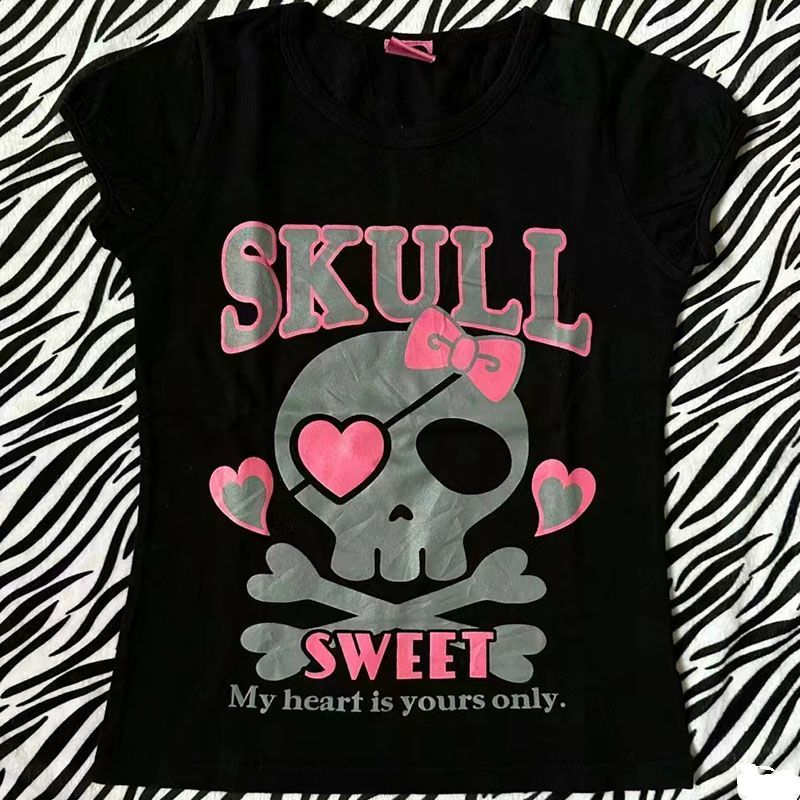เสื้อยืดน่ารักสีดำ ผ้าฝ้ายแท้ สไตล์ยุค Y2K อเมริกัน La Simple Vintage Skull