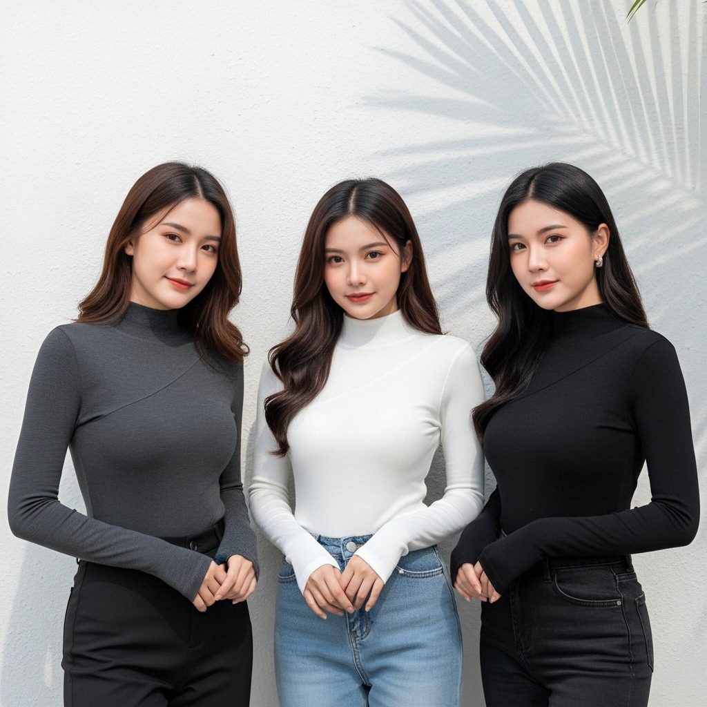 เสื้อแขนยาวทรงเข้ารูปคอเต่า ลายริ้วเล็กดีไซน์ตัดต่อเฉียงหน้าสวยหรูมาก