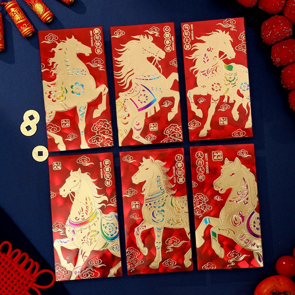 Warm Family-Centric - 2026 ซองแมวตา 6 ชิ้น - ตกแต่ง 3D สีสันสดใสสําหรับเทศกาลปีใหม่เยี่ยมชมของขวัญใช