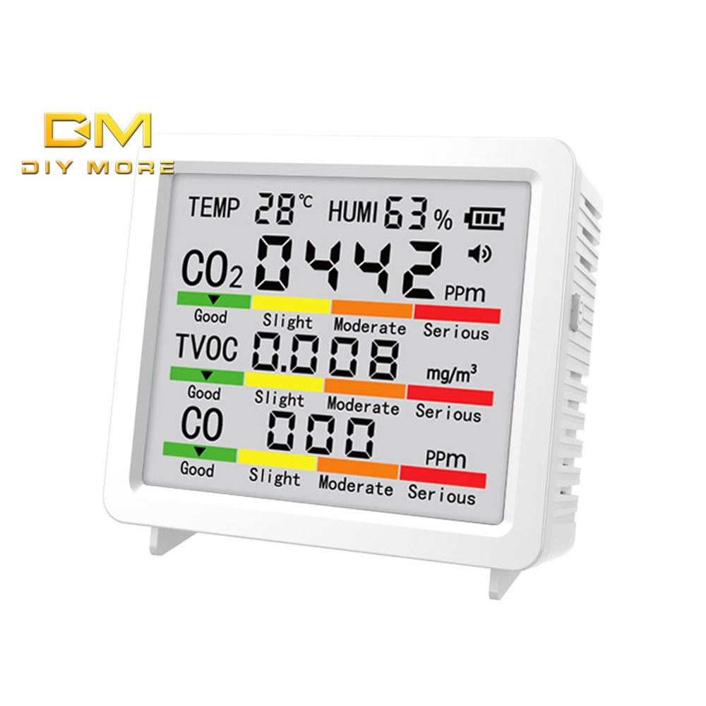DIYMORE เครื่องตรวจจับคุณภาพอากาศหน้าจอขนาดใหญ่ห้าในหนึ่ง อุณหภูมิและความชื้น CO2 ฟอร์มาลดีไฮด์ volatile เครื่องตรวจจับคุณภาพอากาศคาร์บอนไดออกไซด์ Type C อินเตอร์แฟค