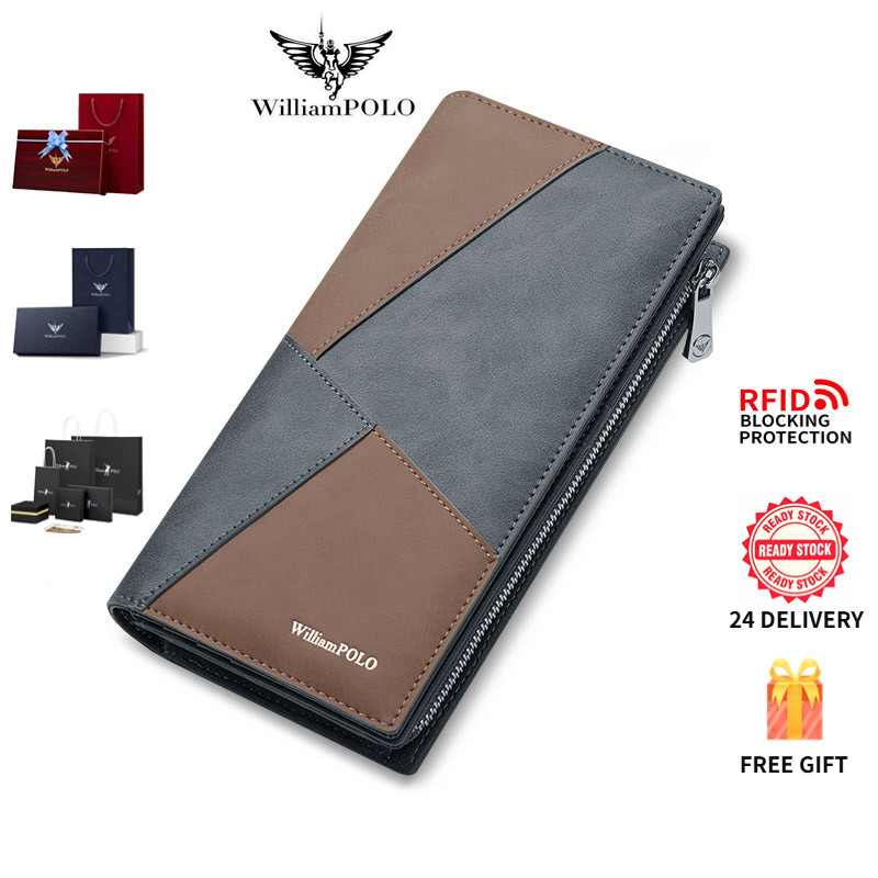กระเป๋าสตางค์ผู้ชาย WilliamPOLO ป้องกันการโจรกรรม RFID ทรงยาว ความจุขนาดใหญ่สำหรับใส่บัตร men's long wallet with RFID anti-theft protection and large capacity for cards.