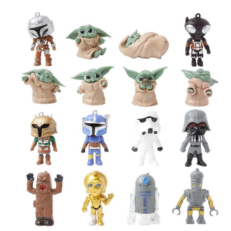 16 ชิ้น/เซ็ต 7-10 ซม.อะนิเมะStar Wars MiniรูปYoda R2-D2 Mandalorian K-2SOหุ่นยนต์Strooper C-3PO Deat