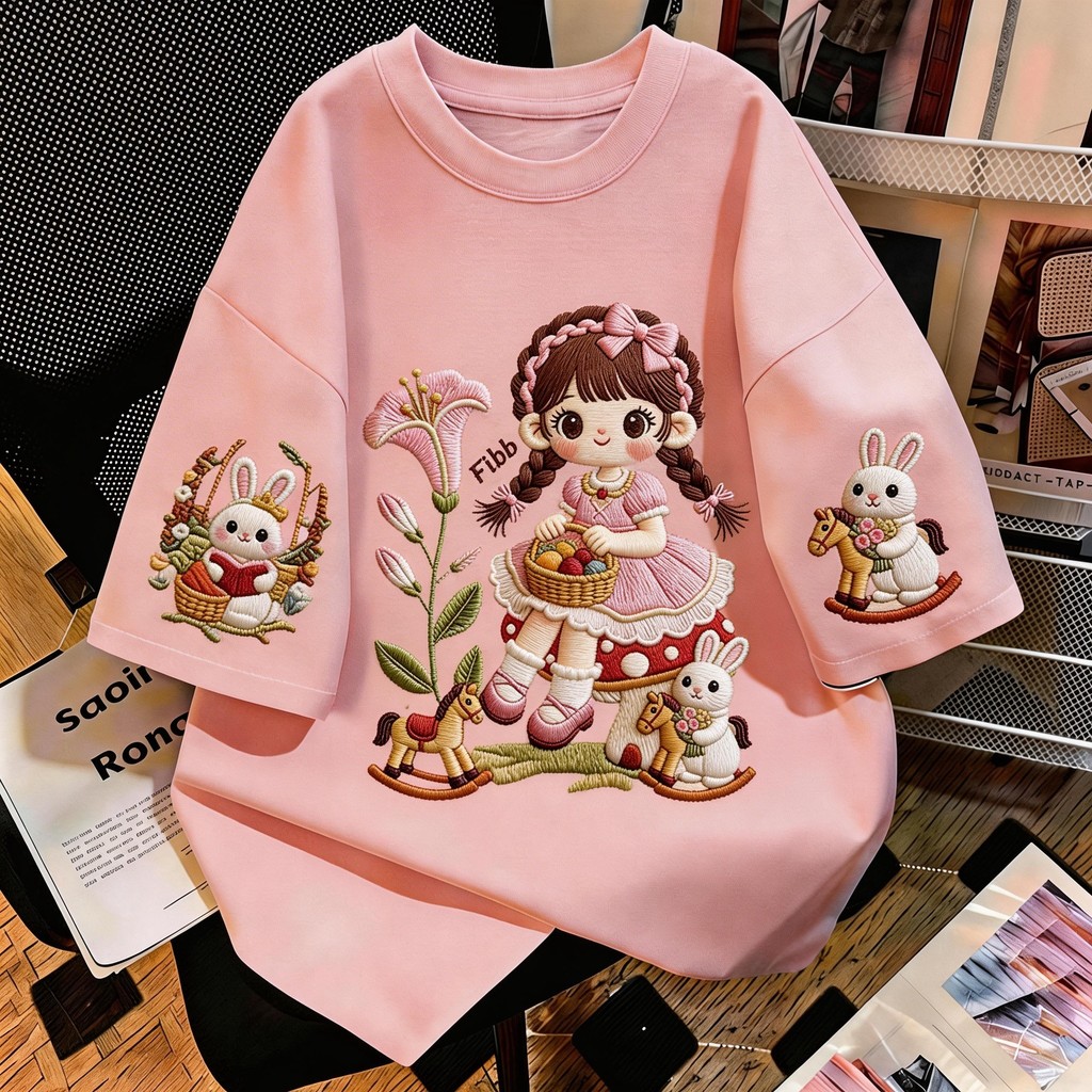 TEE·SHOP🍀 เสื้อยืด oversize เสื้อเท่ๆ เกาหลี "Rabbit Girl" เสื้อแฟชั่นใ เกาหลีสไตล์ พิมพ์ลาย ผ้านิ่มใส่สบาย COD