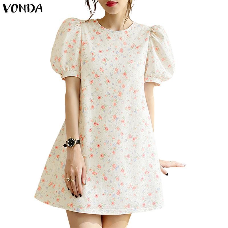 VONDA ผู้หญิงเกาหลีสไตล์ลําลองรอบคอแขนฟอง Pleats A-Line รูปร่างหลวมชุดสั้นลายดอกไม้