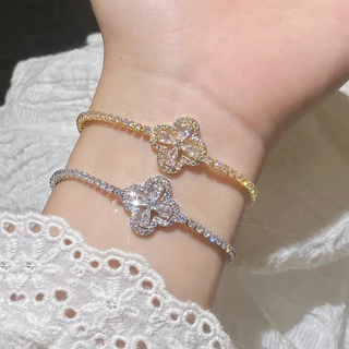 กำไลข้อมือ ประดับเพชร สไตล์เกาหลี ดีไซน์หรูหรา รูปดอกไม้ พร้อมส่ง